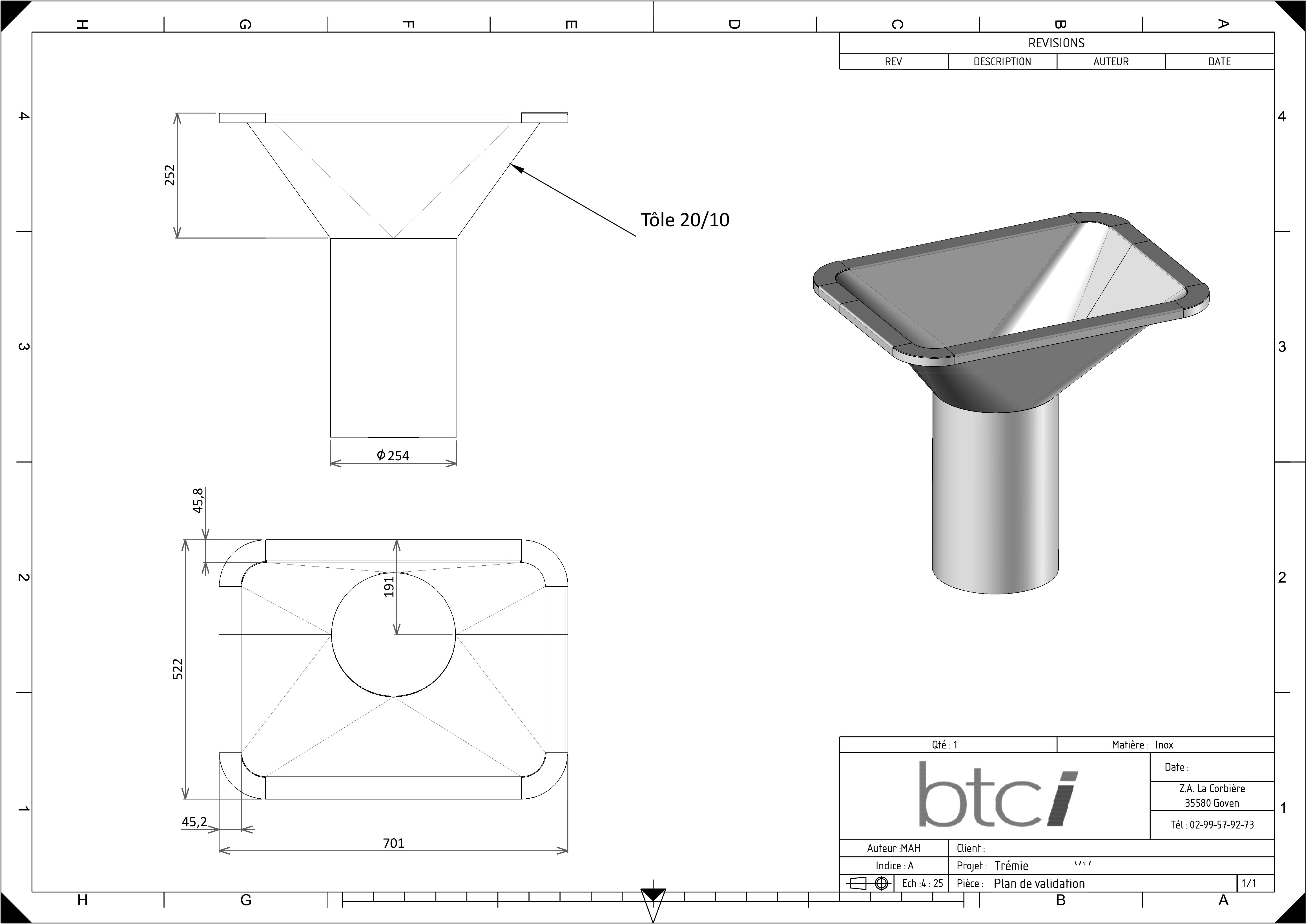 Plan 2d-3d pour fabrication trémie inox